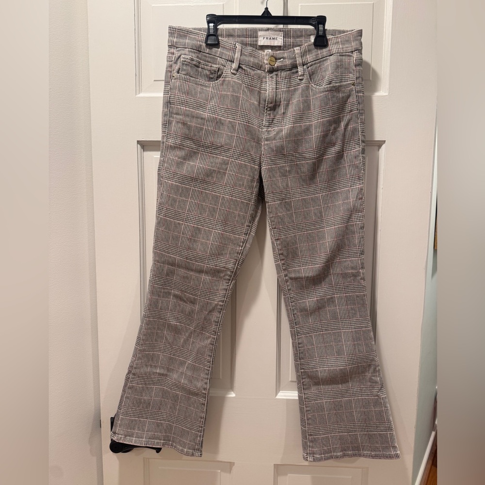 Frame Denim Black, White, and Red Plaid Le Crop Mini Boot Pants